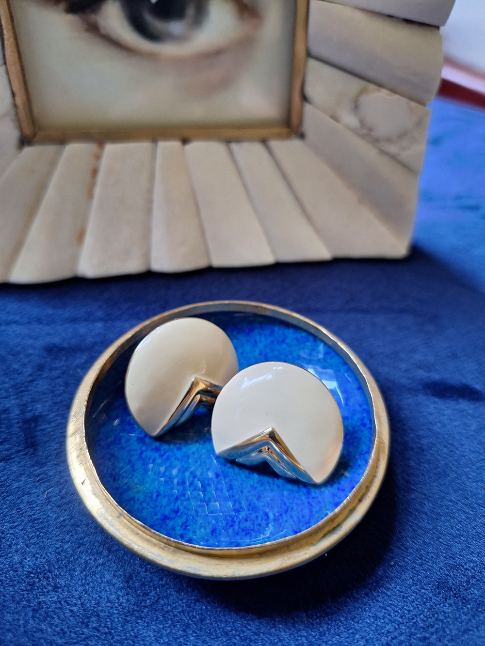 Cream Enamel and Gold Tone Chevron Clip On Earrings - Women Jewelry - Monet